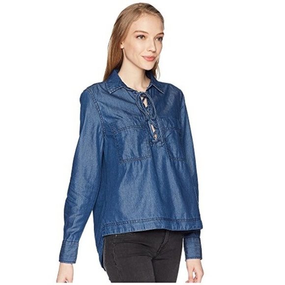 Denim Chambray Lace Up Top - Picture 2 of 6